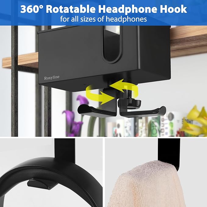 ROSLINE 3-in-1 Clip-on Desk Organizer - Pen, Headphone, and Cup Holder for Expanding Office and Gaming Space (Black)-DeskLoop Office