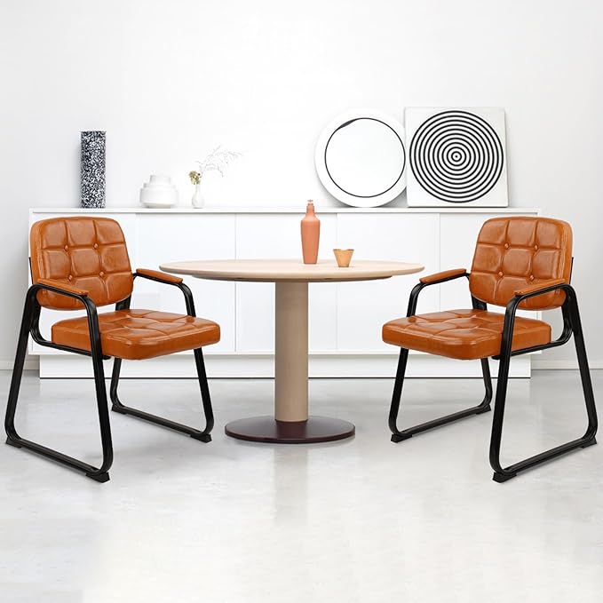 CLATINA Office Guest Chair, Leather Reception Chairs with Padded Arms, Desk Chair No Wheels Stationary for Conference Lobby Waiting Room Training Side Elderly, Orange-DeskLoop Office