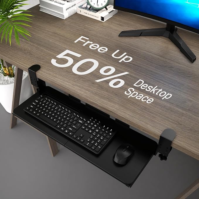 Ergonomic Keyboard Tray Under Desk Pull Out with Adjustable C-Clamp Mount, Slide-Out Computer Keyboard and Mouse Platform Drawer for Office and Home Typing (Black)-DeskLoop Office