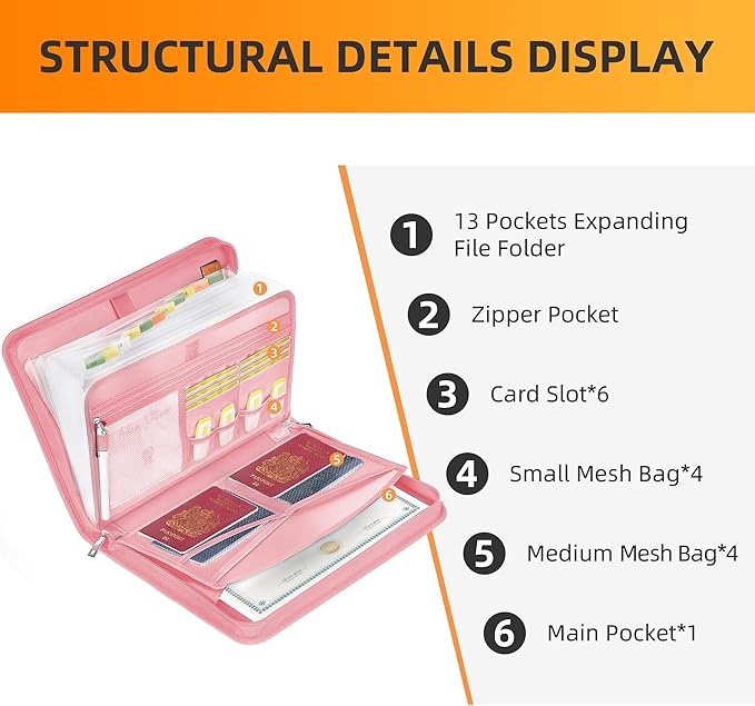 JUNDUN Accordion File Organizer - Fireproof Accordion Folder with Zipper & Labels - 12 Pocket Expanding File Folder with Multi-Pockets Paper Organizer Folder for Letter A4 Files and More (Pink)-DeskLoop Office