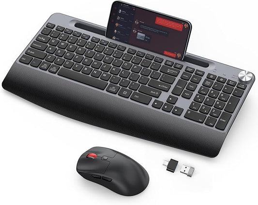 Ergonomic Wireless Keyboard and Mouse with Wrist Rest,Phone Holder - 2.4GHz Full-Sized Low-Profile Quiet Wireless Mouse and Keyboard Combo for Computer, Laptop, PC, Mac-Grey-DeskLoop Office