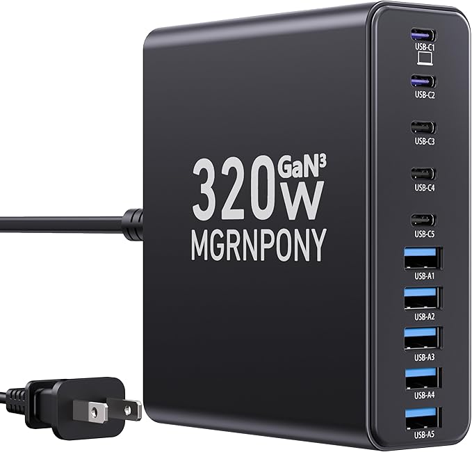 320W USB C Charger Block, 10-Port USB C Charging Station GaN III PD 65W PC Laptop Fast Charger Adapter for MacBook Pro/Air, DELL, iPad, iPhone, Samsung Galaxy Black-DeskLoop Office