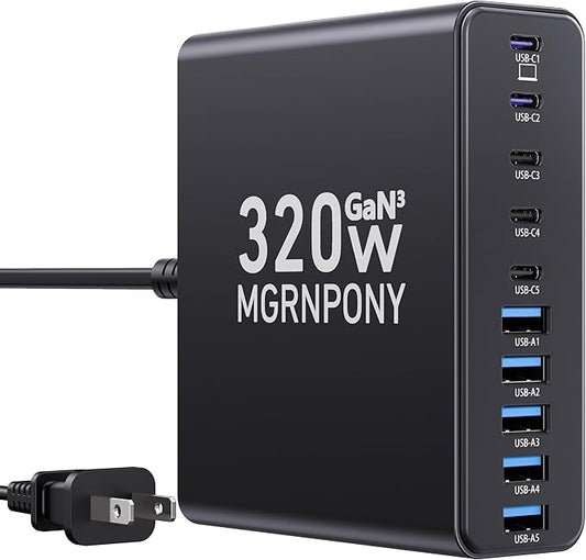 320W USB C Charger Block, 10-Port USB C Charging Station GaN III PD 65W PC Laptop Fast Charger Adapter for MacBook Pro/Air, DELL, iPad, iPhone, Samsung Galaxy Black-DeskLoop Office