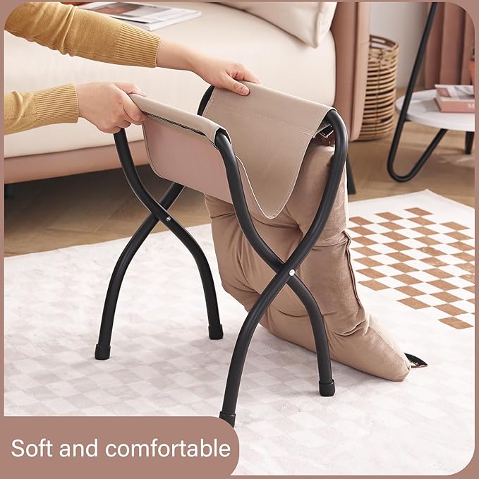 LITA Folding Upholstered Footrest Stool, Modern Small Portable Accent Ottoman with Detachable Thick Cotton Cushion Padded Sofa Stool with Metal Frame for Lazy Chair, Living Room & Bedroom, Khaki-DeskLoop Office