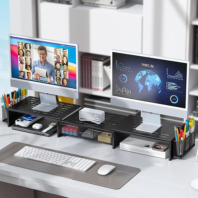 gianotter Computer Dual Monitor Stand Riser For Desk, Desk Organizers And Accessories With Drawer And 2 Pen Holder For Office, Home, School Supplies (Black)-DeskLoop Office