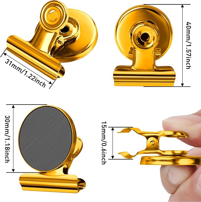 FINDMAG 12 Pack Magnetic Clips for Photo Display and Picture Hanging, Heavy Duty Scratch-Free Fridge Magnets, Strong Clips for Photo Display, Whiteboard, Office, Kitchen, School, 30mm Wide, Gold.-DeskLoop Office
