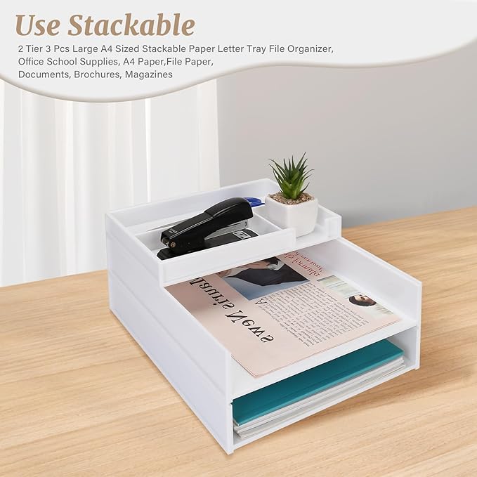 Stackable Letter Tray, 3 Pcs A4 Paper Tray, Desk Document File Organizer Set, Plastic Desk Paper Tray Organizer for A4 Paper Magazine, Receipts, Office Supplies,White-DeskLoop Office