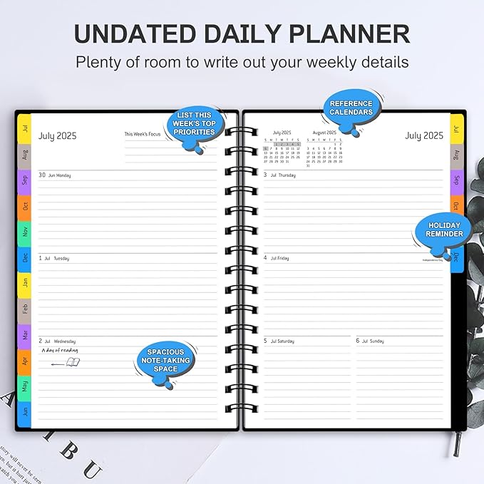 Daily Planner 2025-2026, July 2025 - December 2026, Yearly Monthly Weekly Daily Academic Calendar Planner, 18 Month with Tabs, Time Management Manual, 100GSM Thick Paper, A5 Size, Black-DeskLoop Office