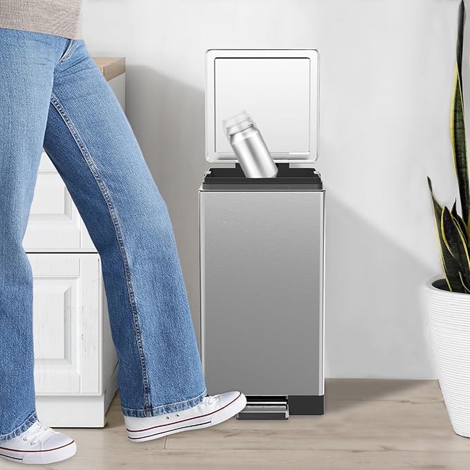 Trash Can with Lid - 30 Liter/8 Gallon Square Stainless Steel Trash Can with Odor Protection Kitchen Garbage Cans with Soft-Close Foot Pedal Step Bin for Bathroom Home Office Silver-DeskLoop Office