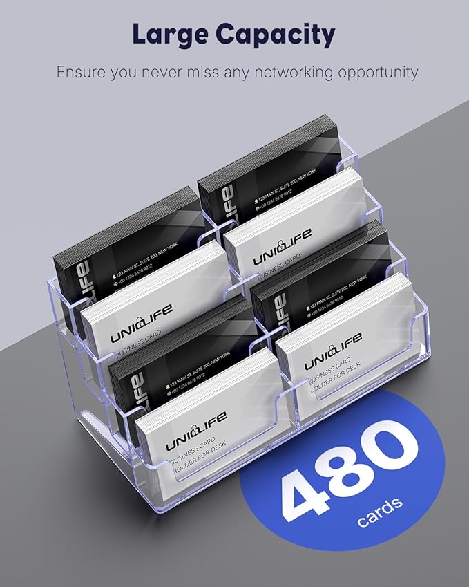 Uniclife 4 Pack Acrylic Business Card Holder for Desk 8 Slots Clear Business Card Display Stand for Men & Women Desktop Business Card Organizer Card Stand for Office Home Exhibition, 480 Card Capacity-DeskLoop Office