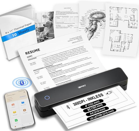 iDPRT Inkless Portable Printer for Travel, 300DPI Wireless Thermal Printer Support 8.5 x 11 Inch US Letter, A4, Small Bluetooth Printers Compatible with iOS, Android Laptop for Office Car Home, Black-DeskLoop Office
