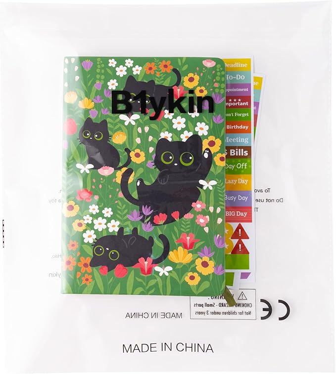 B1ykin Hardcover Ruled Journal Notebook with Planner Stickers, 196 Pages PU Leather Journal Notebook Journals Diary Notepad for Writing Travel Business Work School College Taking (Black Cat Floral)-DeskLoop Office