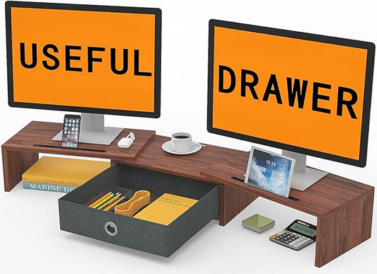 WESTREE Dual Monitor Stand Riser with Drawer - Adjustable Length and Angle, 2 Phone Hold, Desktop Organizer for Computer/Laptop/PC/Printer-DeskLoop Office
