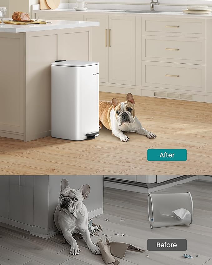 SONGMICS Kitchen Trash Can, 8-Gallon (30 L) Trash Bin, Stainless Steel Garbage Can, with Inner Bucket, Soft Close and Stays Open, Cloud White ULTB593W01-DeskLoop Office