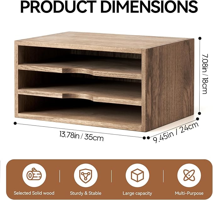KIRIGEN Wooden Desktop Organizer Paper Storage Letter Tray File Sorter - Desk Rack Magazine File Dividers Holders for Home Office Accessories with 3 Layer Trays Dark Brown (3KWJG-DBR)-DeskLoop Office