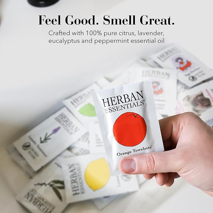 Herban Essentials - Assorted Wipes & Towelettes - Essential Oil Wipes for Hands, Face and Body - Travel Size Essentials and Toiletries - Natural, Individually Wrapped, Disposable and Moist (20 count)-DeskLoop Office