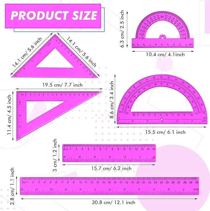 Tenare 6 Pcs Plastic Ruler Math Set Includes 12 Inch 6 Inch Straight Protractor Triangle Geometry Transparent Math Ruler Measuring Tools for School Office Home(Purple)-DeskLoop Office