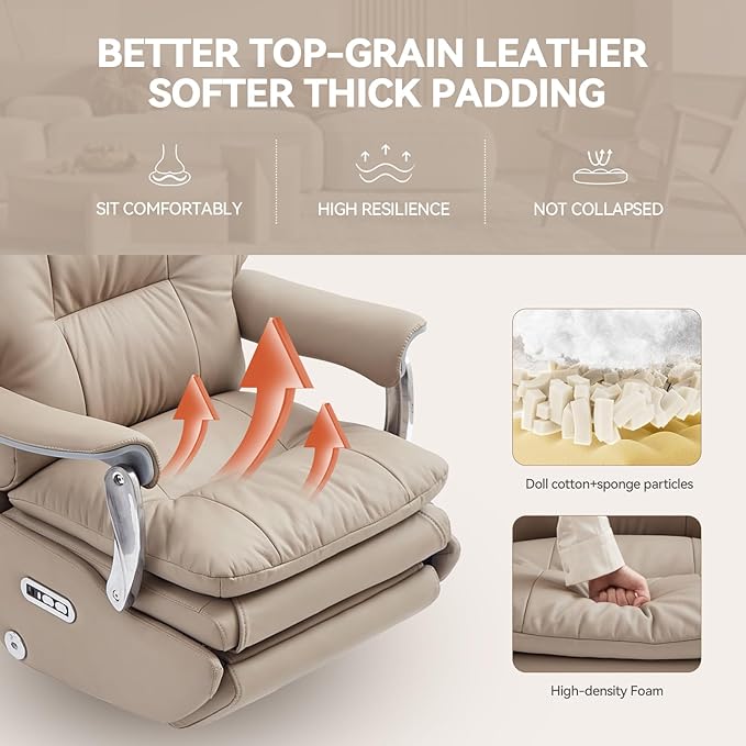 Dual Motor Electric Genuine Leather Executive Office Chair with Foot Rest, Comfortable Reclining Office Chair with Massage, Big and Tall High Back Comfy Ergonomic Home Office Desk Chairs 400lbs, Khaki-DeskLoop Office