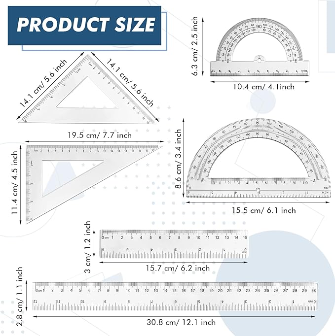 Tenare 6 Pcs Plastic Ruler Math Set Includes 12 Inch 6 Inch Straight Protractor Triangle Geometry Transparent Math Ruler Measuring Tools for School Office Home(Clear)-DeskLoop Office
