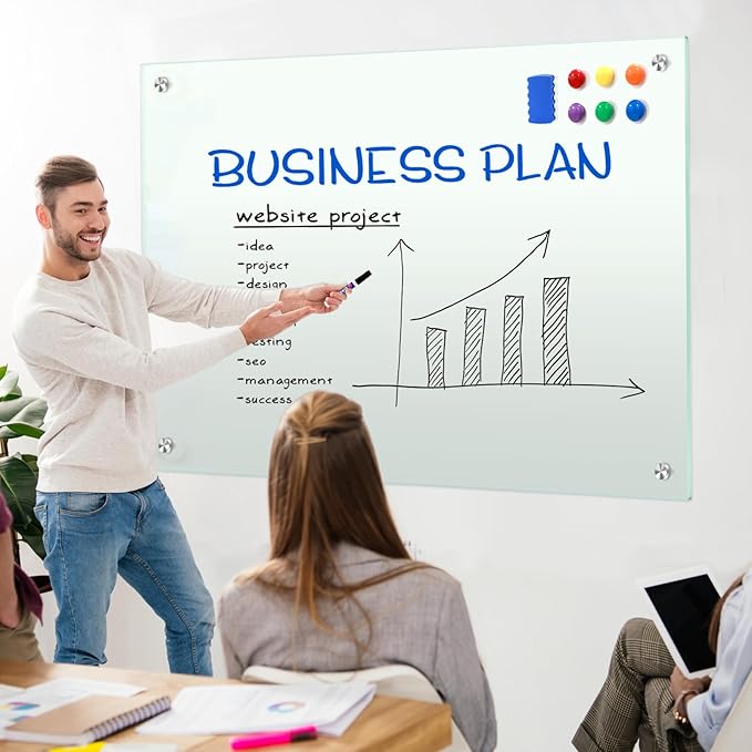 H-Qprobd Glass Whiteboard 60"x40" Magnetic Dry Erase White Board for Wall, Includes 12 Magnets, 8 Markers and 2 Erasers-DeskLoop Office