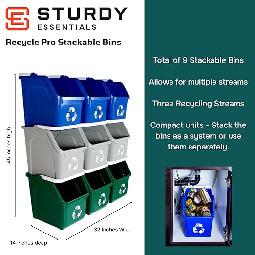Multi Recycling System with Three Stackable 5 Gallon Bins to Build Your Recycling Center for Offices, Homes, Garages, Businesses - (9 Pack, Blue/Grey/Green)-DeskLoop Office