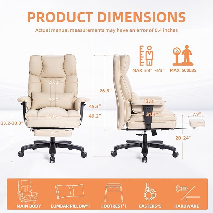 Big and Tall Office Chair 500lbs Wide Seat Executive Office Desk Chair High-Back Office Task Chair with Foot Rest, Ergonomic Lumbar Support Computer Office Chairs for Heavy People(Beige)-DeskLoop Office