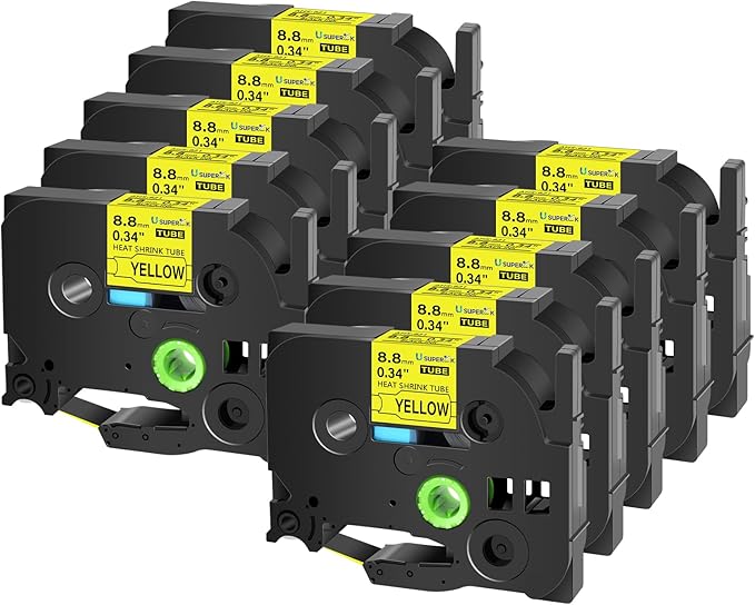 10PK Compatible for Ptouch HSe-621 HSe621 HS-621 HS621 Black on Yellow 8.8mm 0.34'' Heat Shrink Tubing for Wire Cable for PT300 PT-300B PT310 PT310B PT320 Label Maker Tape-DeskLoop Office