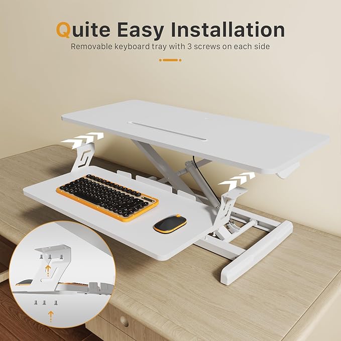 JOY worker Standing Desk Converter, 35" Wide Height Adjustable Sit Stand Up Desk Riser with Keyboard Tray, Desktop Workstation Riser for Home Office Computer Laptop, Particle Board, White-DeskLoop Office