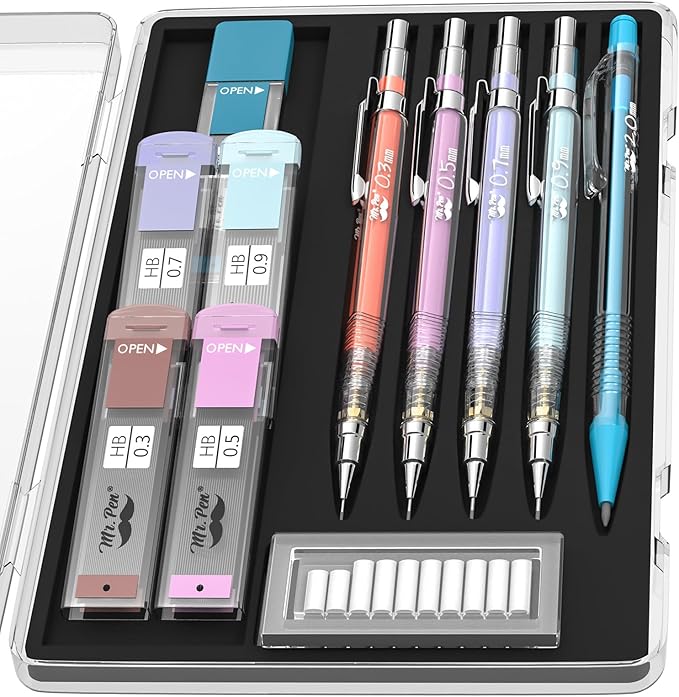 Mr. Pen- Pastel Mechanical Pencil Set with Black Lead and Eraser Refills, Clear Barrel, 0.3, 0.5, 0.7, 0.9, 2mm, Pastel Mechanical Pencils, Cute Mechanical Pencil Set, Aesthetic Mechanical Pencils-DeskLoop Office