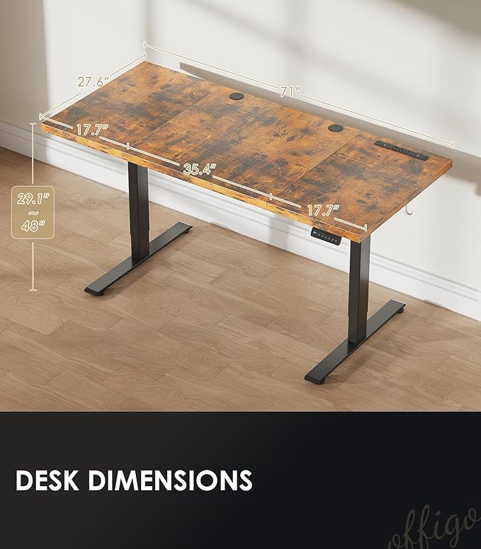 OffiGo Electric Standing Desk with 3-Piece Board, 71 Inch Height Adjustable Large Desk with Power Outlets, Sit Stand Table, Writing Computer Desk for Home, Office, Workstation, Rustic Brown-DeskLoop Office