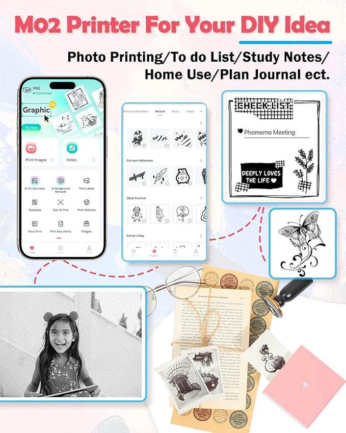 Phomemo Mini Sticker Printer- Mini Printer Sticker Maker Machine M02, Print Pods Suitable for Creative DIY, Diaries, Photos, Study Notes, Portable Thermal Inkless Label Maker for Home/Travel, Pink-DeskLoop Office