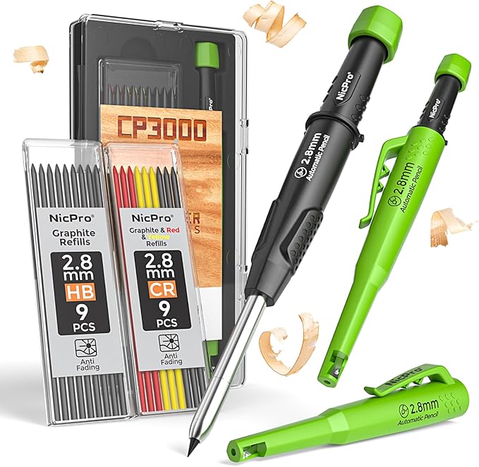 Nicpro Carpenter Pencil with Sharpener, CP3000 Carpenter Mechanical Pencils with 19 Refill, Deep Hole Marker for Construction, Heavy Duty Construction Pencil, Woodworking Tool for Architect Marking-DeskLoop Office
