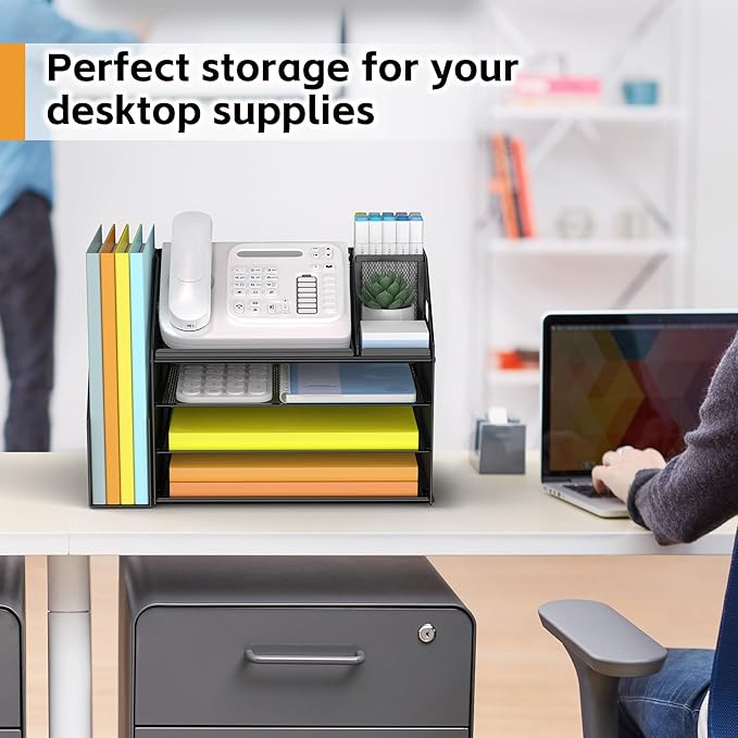 DocNest 4 Tier Paper Letter Tray File Organizer, Mesh Desk File with Handle, Workspace Desk Organizers with Pen Holder, Office Organization Storage Accessories - Black-DeskLoop Office