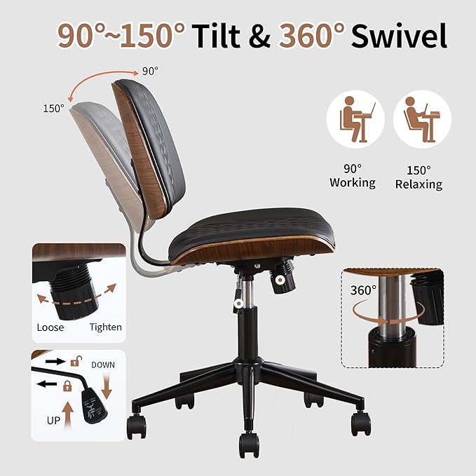 Modern Black Home Office Chair – Armless Mid-Back Desk Chair with PU Leather, Adjustable Height, Swivel Wheels, Walnut Wood Finish, Perfect for Small Spaces-DeskLoop Office