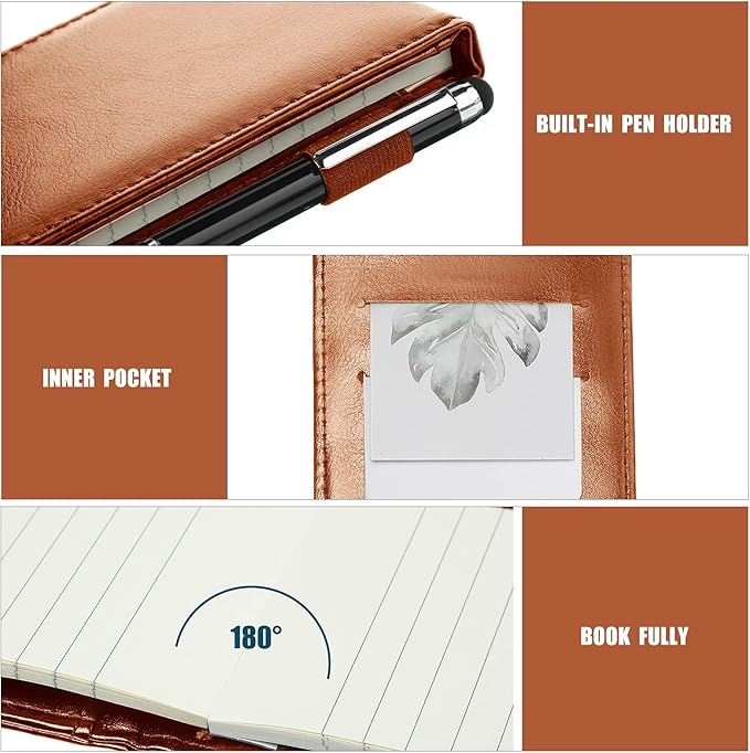 Outus 10 Pcs Pocket Notebook with Pen Set Included Mini Pocket Notepad Holder with 50 Lined Sheets, Metal Pen, 8 Pcs 3 x 5 Inch Memo Book Refills, 30 Lined Paper Per Note Pad (Brown)-DeskLoop Office