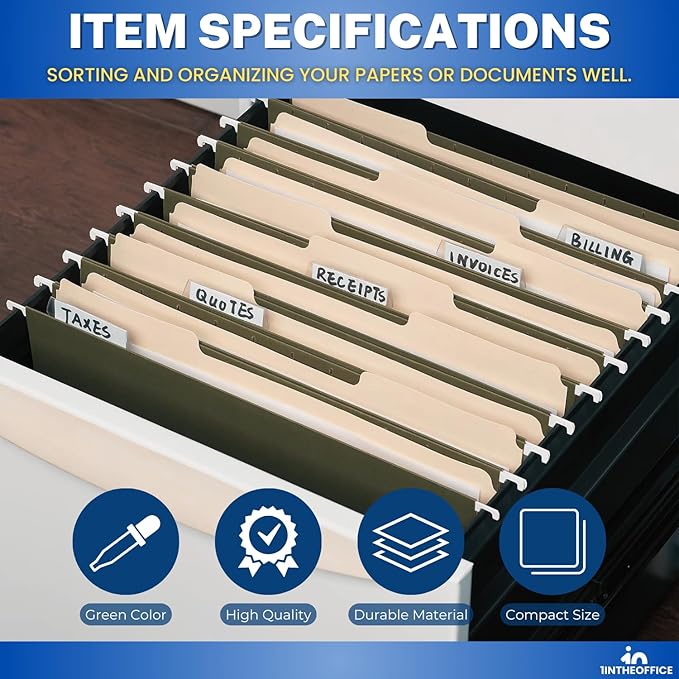 1InTheOffice Green Hanging File Folders Letter Size, Hanging Organizer File Folders, File Cabinet Folders, 1/5 Tabs, 11 pt, 50 Pack-DeskLoop Office