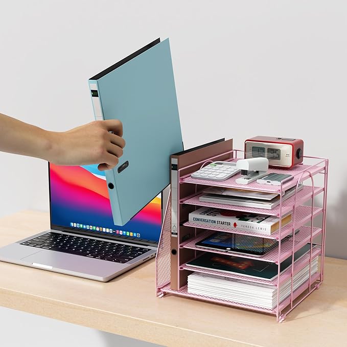 gianotter Desk Organizers and Accessories, 6-Tier Paper Organizer with Magazine rack, File Organizer for Desk, Desk Organizers for Women, Pink Office Decor (Pink)-DeskLoop Office