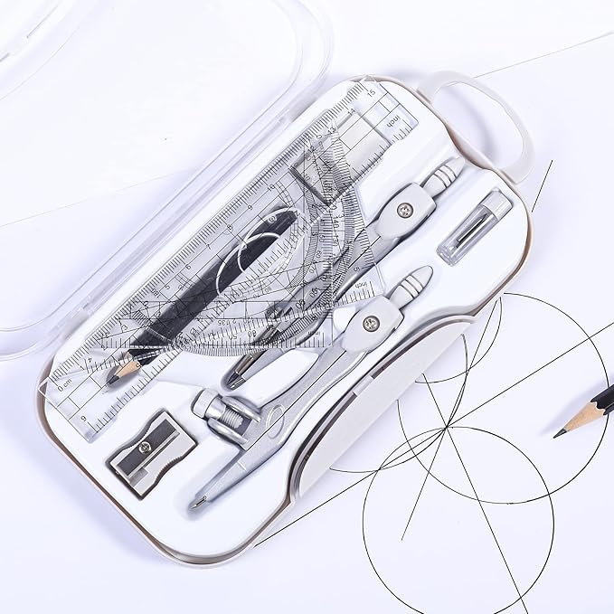 Math Geometry Sets 10 Piece Student Supplies with Shatterproof Storage Box,Includes Rulers,Protractor,Compass,Eraser,Pencil Sharpener,Lead Refills,Pencil,for Drafting and Drawings(Grey)