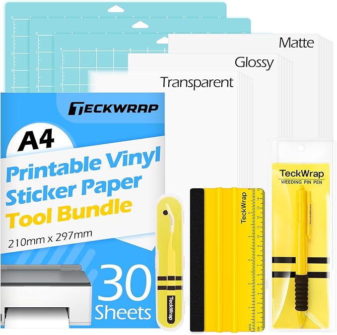 TECKWRAP Printable Vinyl Sticker Paper, (MatteGlossyTransparent) Inkjet Printable Sticker Vinyl, A4 30PCS Photo Paper for Craft, Stickers, Labels All-in-One Tools & Accessories Bundle Kit-DeskLoop Office