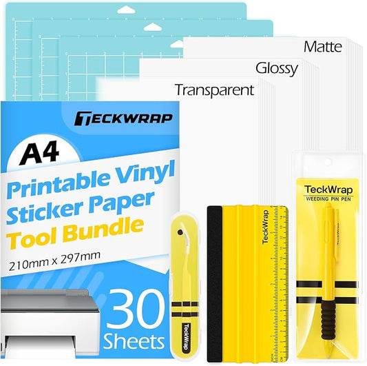 TECKWRAP Printable Vinyl Sticker Paper, (MatteGlossyTransparent) Inkjet Printable Sticker Vinyl, A4 30PCS Photo Paper for Craft, Stickers, Labels All-in-One Tools & Accessories Bundle Kit-DeskLoop Office