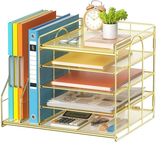 Marbrasse Desk Organizer with File Holder, 5-Tier Paper Letter Tray, Mesh Desk Organizers and Accessories with Magazine Holder, Desktop Organizer and Storage for Office Supplies (Gold)-DeskLoop Office