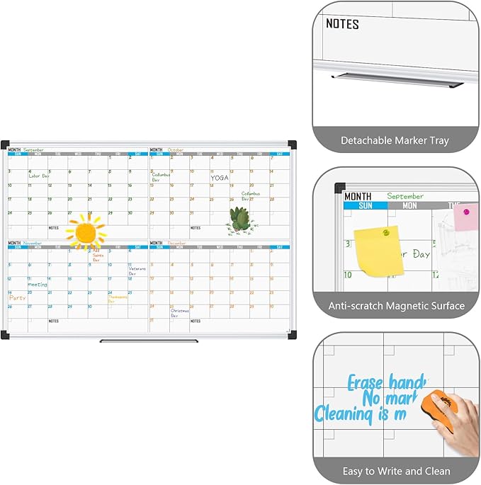 XBoard Magnetic Calendar Whiteboard 48" x 36" - 4 Month Colorful Calendar Dry Erase Board for Monthly Planning, Silver Aluminium Framed-DeskLoop Office
