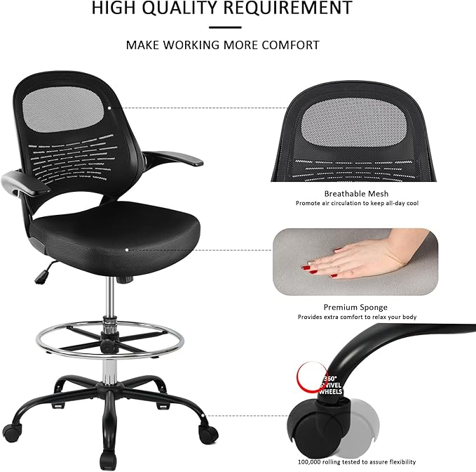 HYLONE Drafting Chair Tall Office Chair with Flip-Up Armrests Ergonomic Computer Chair with Lumbar Support Adjustable Footrest Ring Mesh Standing Desk Chair (Black)-DeskLoop Office