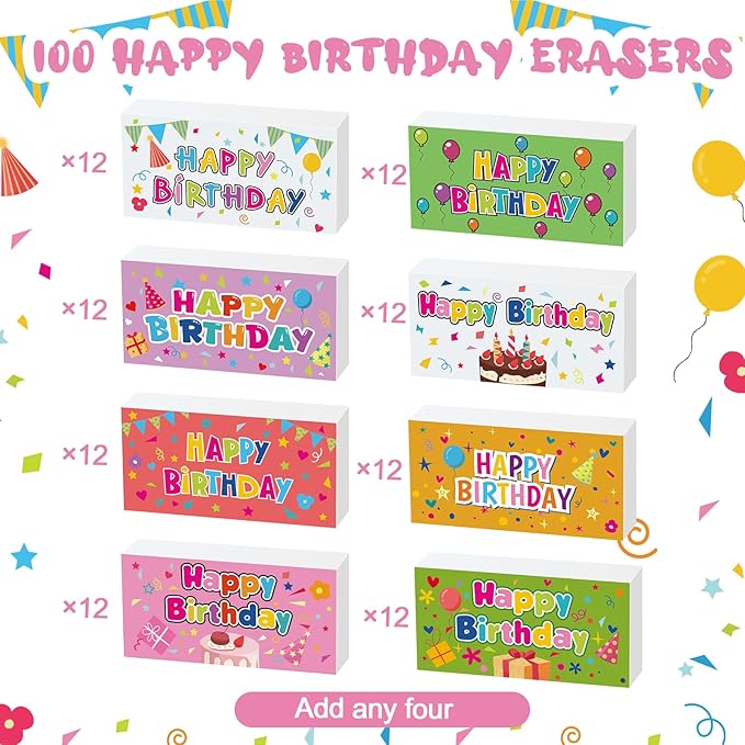 100 Pcs Happy Birthday Erasers Bulk Mini Erasers for Classroom Fun Assortment Birthday Gifts for Back to School Teacher Reward Party Supplies, 8 Styles, 1.6 Inch-DeskLoop Office