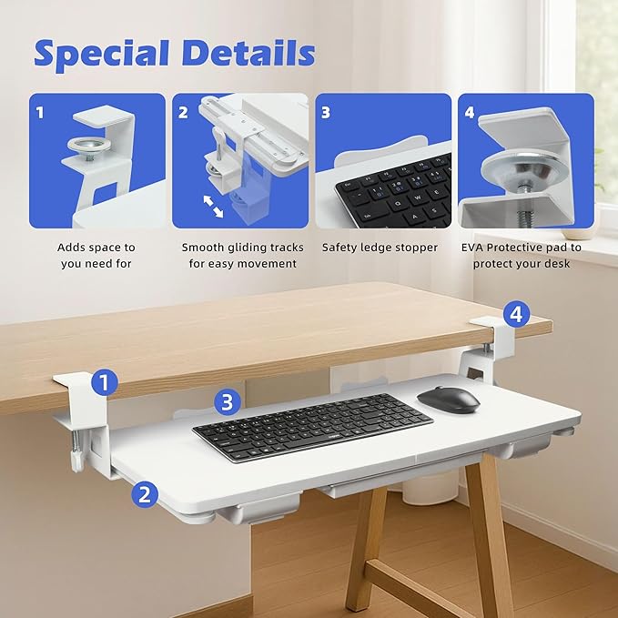 Keyboard Tray Under Desk with Drawer,26.77" X 11.81"Large Size Keyboard Tray with C Clamp-on Mount, Easy to Install, for Home Office (White)-DeskLoop Office