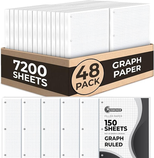 7200 Sheets Graph Paper Bulk, 48 Pack, Bulk Loose Leaf Paper, 4x4, 8" x 10.5", Bulk Grid Paper, Thick Graphing Paper, Fights Ink Bleed, 3 Hole Punched, Quad Ruled Sheets, Bulk School Supplies-DeskLoop Office