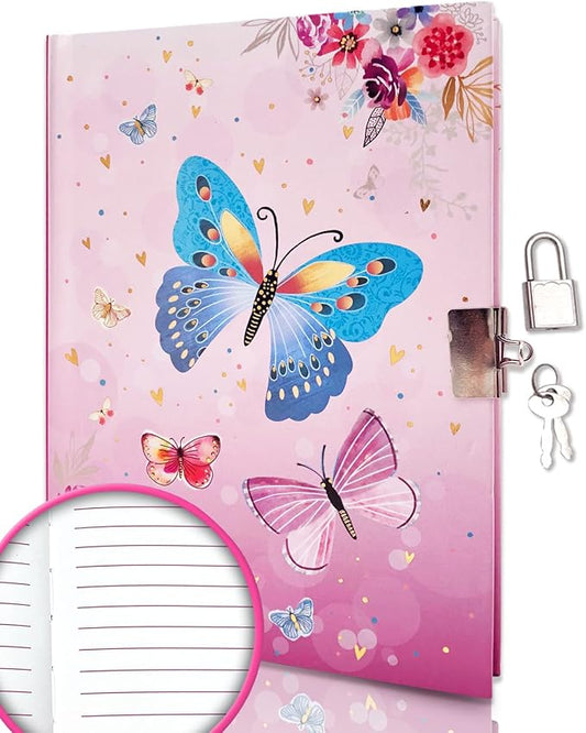 Girls Diary with Lock for Kids, 7x5.25 Inches 160 Lined Pages Secret Pink Butterfly Notebook for Girls Journal with Lock for Kids Pre School Writing Drawing Cute Girls Gifts for Birthday-DeskLoop Office
