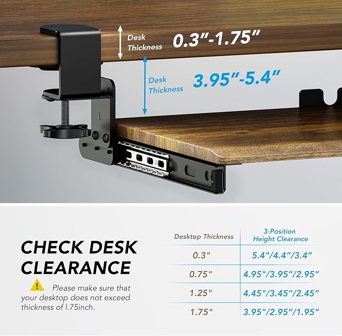 Keyboard Tray Under Desk Pull Out with Extra Sturdy C Clamp Mount System, 27.3 (32.5 inch Including Clamps) x 11 Inch Slide-Out Platform Computer Drawer for Typing Vintage AX01WG02-DeskLoop Office