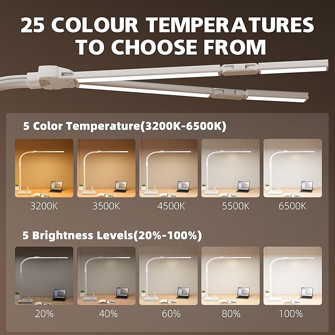 LED Desk Lamp for Home Office - 24W Bright Double Head Desk Light with Clamp Eye Caring Architect Task Light 25 Lighting Modes Adjustable Flexible Gooseneck Lamp (All White)-DeskLoop Office