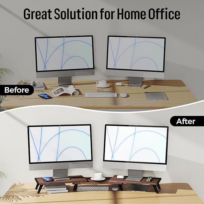 loukin Dual Monitor Stand Riser for Desk, 43.6"*8.2"*3.2" Large Computer Stand for 2 Monitors, Laptop, Printer, Length and Angle Adjustable Computer Shelf, Home Office,Max 43.6" Length(Brown)-DeskLoop Office